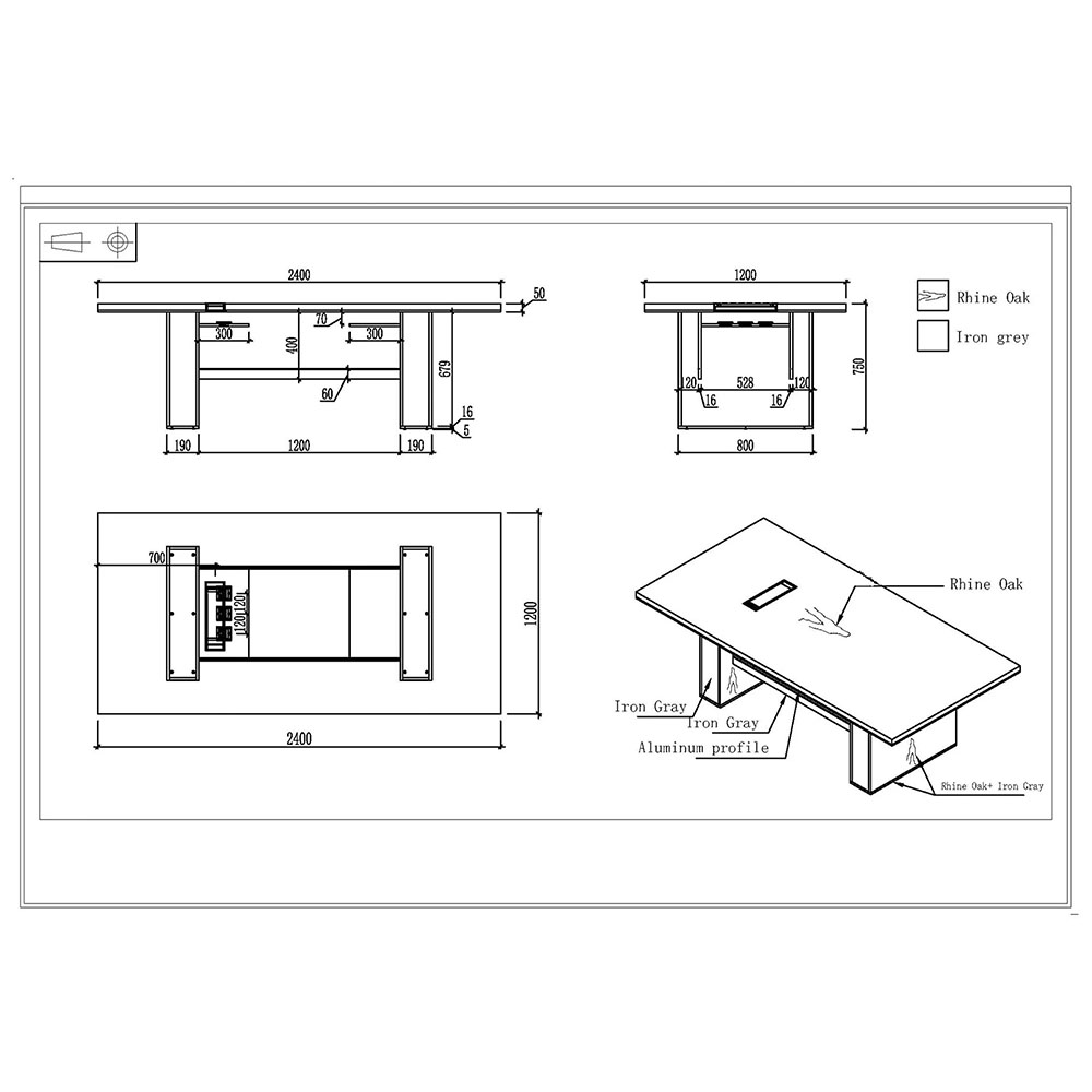 Заседателна маса RFG Chicago 240/120/75h см дъб рейн и тъмносиво